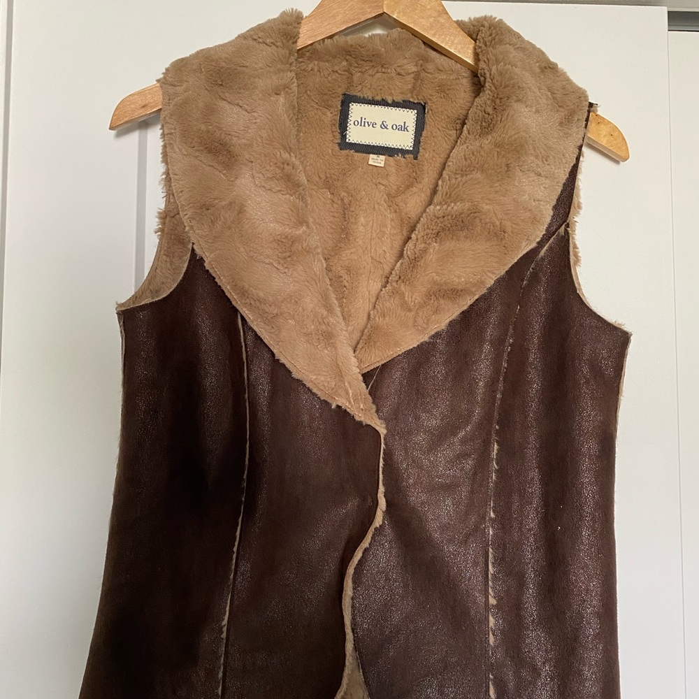 Faux brown leather fur vest